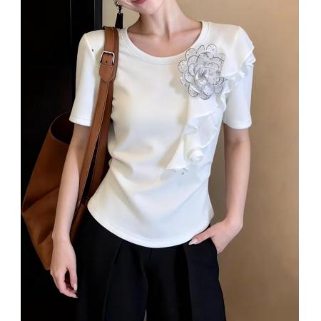 BY10418# 时尚法式立体花朵荷叶边白色短袖T恤女夏季新款圆领百搭上衣 服裝批發女裝批發服飾貨源