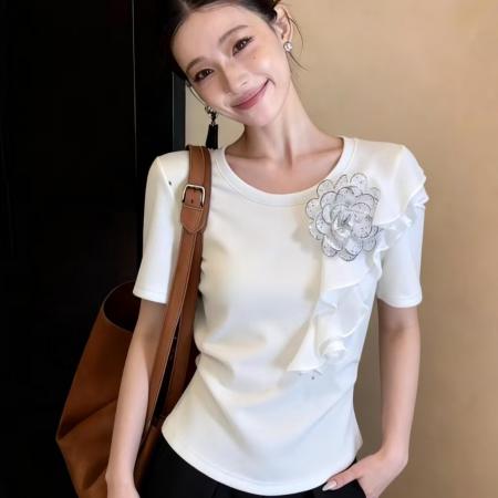 BY10418# 时尚法式立体花朵荷叶边白色短袖T恤女夏季新款圆领百搭上衣 服裝批發女裝批發服飾貨源