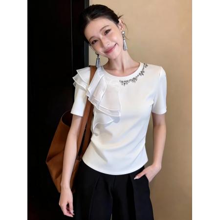 BY10419# 立体镶钻别致网纱拼接圆领t恤女收腰纯色上衣修身显瘦设计感短袖 服裝批發女裝批發服飾貨源