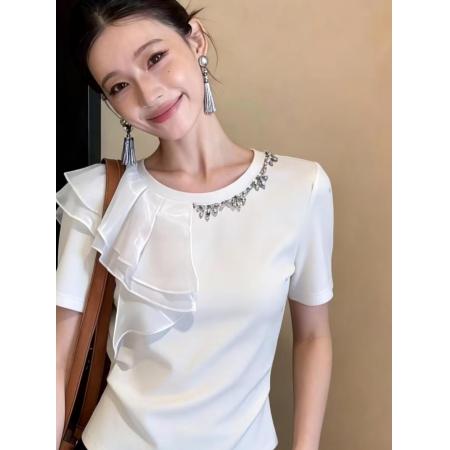 BY10419# 立体镶钻别致网纱拼接圆领t恤女收腰纯色上衣修身显瘦设计感短袖 服裝批發女裝批發服飾貨源