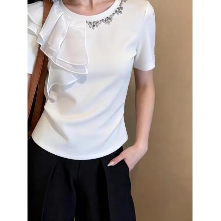 BY10419# 立体镶钻别致网纱拼接圆领t恤女收腰纯色上衣修身显瘦设计感短袖 服裝批發女裝批發服飾貨源