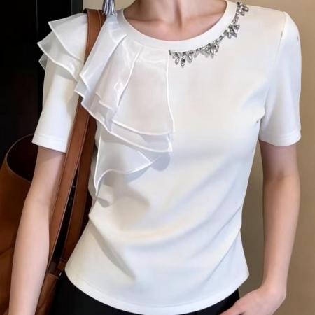 BY10419# 立体镶钻别致网纱拼接圆领t恤女收腰纯色上衣修身显瘦设计感短袖 服裝批發女裝批發服飾貨源