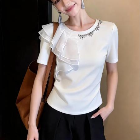 BY10419# 立体镶钻别致网纱拼接圆领t恤女收腰纯色上衣修身显瘦设计感短袖 服裝批發女裝批發服飾貨源