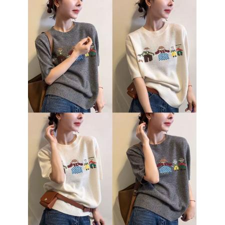 BY10422# 春季新款卡通刺绣短袖针织衫女士宽松圆领白色毛衣内搭上衣 服裝批發女裝批發服飾貨源