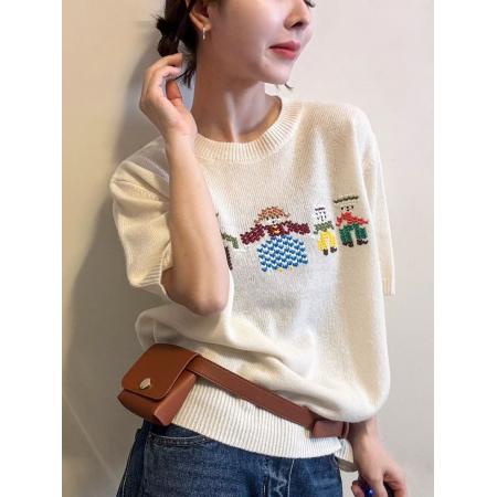 BY10422# 春季新款卡通刺绣短袖针织衫女士宽松圆领白色毛衣内搭上衣 服裝批發女裝批發服飾貨源