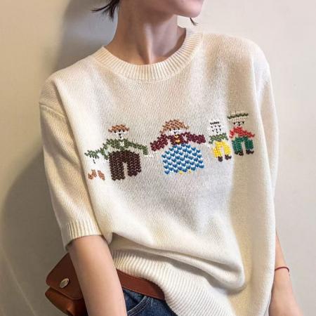 BY10422# 春季新款卡通刺绣短袖针织衫女士宽松圆领白色毛衣内搭上衣 服裝批發女裝批發服飾貨源