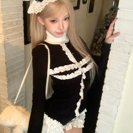 BY10424# 春秋新款蕾丝开衫上衣花边短裤子女萝莉辣妹套装 服裝批發女裝批發服飾貨源