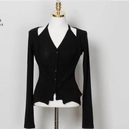 BY10425# 仿棉辣妹假两件挂脖长袖T恤女春夏小众修身显瘦开衫上衣 服裝批發女裝批發服飾貨源