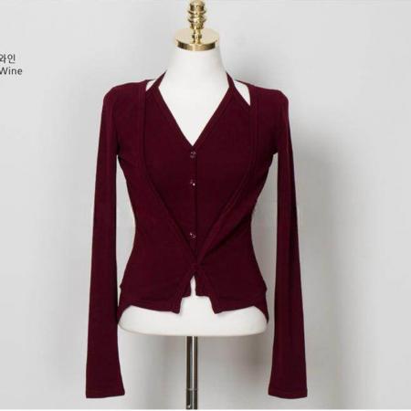 BY10425# 仿棉辣妹假两件挂脖长袖T恤女春夏小众修身显瘦开衫上衣 服裝批發女裝批發服飾貨源