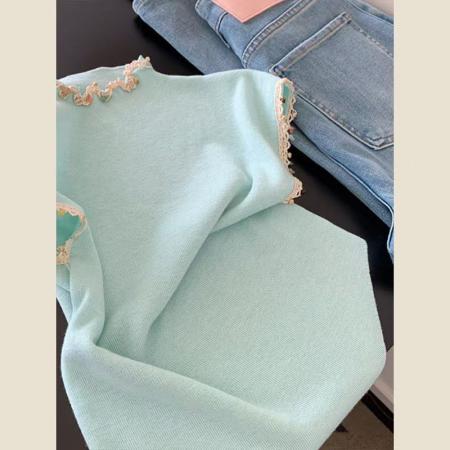 BY10430# 设计蕾丝拼接钉珠新款短袖打底T恤褶皱无袖显瘦夏季上衣 服裝批發女裝批發服飾貨源