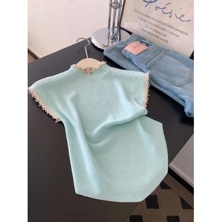 BY10430# 设计蕾丝拼接钉珠新款短袖打底T恤褶皱无袖显瘦夏季上衣 服裝批發女裝批發服飾貨源