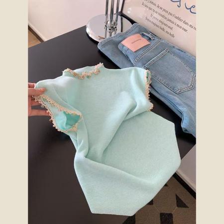 BY10430# 设计蕾丝拼接钉珠新款短袖打底T恤褶皱无袖显瘦夏季上衣 服裝批發女裝批發服飾貨源