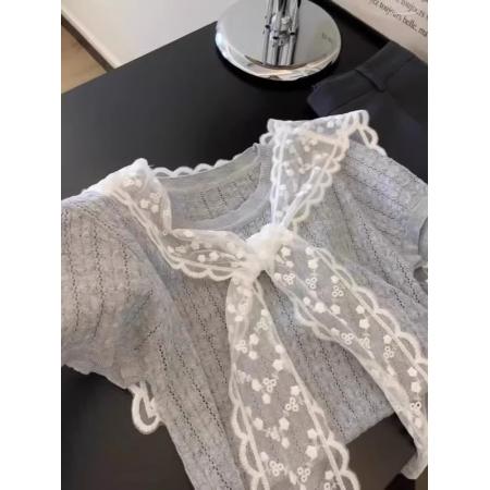 BY10431# 韩系复古蕾丝披肩叠穿灰色针织短袖女夏新款减龄设计感上衣 服裝批發女裝批發服飾貨源