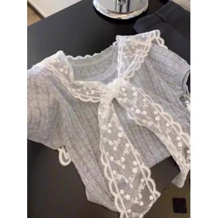 BY10431# 韩系复古蕾丝披肩叠穿灰色针织短袖女夏新款减龄设计感上衣 服裝批發女裝批發服飾貨源