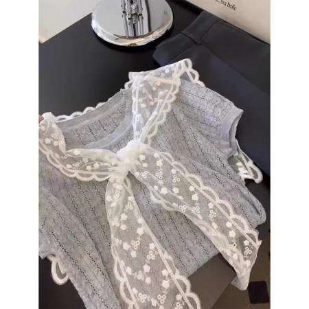 BY10431# 韩系复古蕾丝披肩叠穿灰色针织短袖女夏新款减龄设计感上衣 服裝批發女裝批發服飾貨源