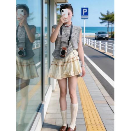 BY10433# 韩系巨好看夏装套装女气质镂空无袖上衣荷叶边褶皱蛋糕裙两件套装 服裝批發女裝批發服飾貨源