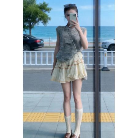 BY10433# 韩系巨好看夏装套装女气质镂空无袖上衣荷叶边褶皱蛋糕裙两件套装 服裝批發女裝批發服飾貨源