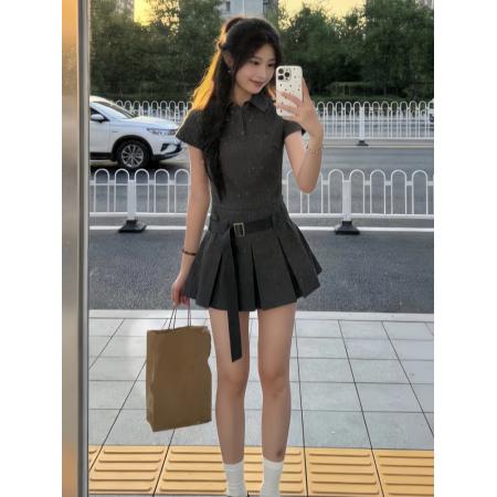 BY10435# 夏季韩系学院风复古灰色polo领气质连衣裙特别漂亮掐腰小裙子 服裝批發女裝批發服飾貨源