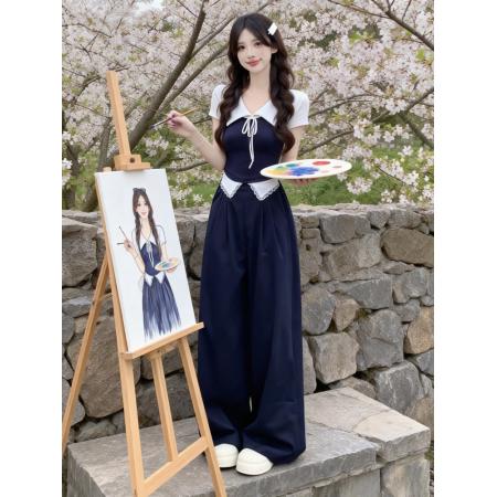 BY10436# 夏季绝美多巴胺穿搭一整套不撞款复古短袖上衣休闲裤两件套小个子 服裝批發女裝批發服飾貨源