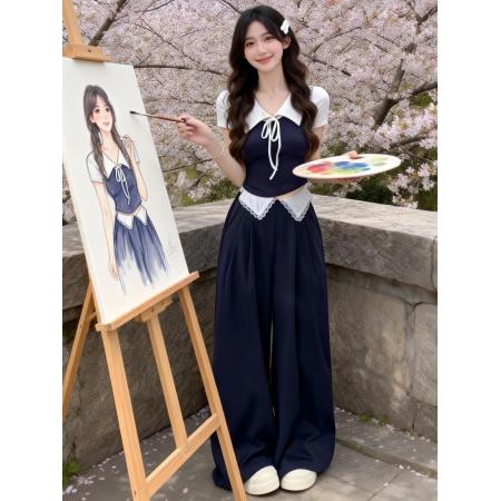 BY10436# 夏季绝美多巴胺穿搭一整套不撞款复古短袖上衣休闲裤两件套小个子 服裝批發女裝批發服飾貨源