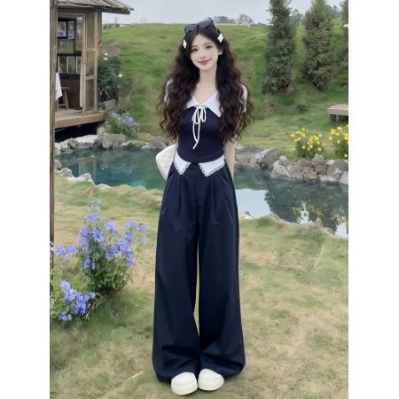 BY10436# 夏季绝美多巴胺穿搭一整套不撞款复古短袖上衣休闲裤两件套小个子 服裝批發女裝批發服飾貨源