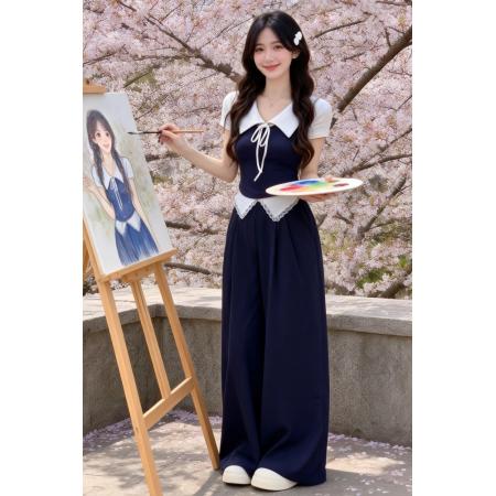 BY10436# 夏季绝美多巴胺穿搭一整套不撞款复古短袖上衣休闲裤两件套小个子 服裝批發女裝批發服飾貨源