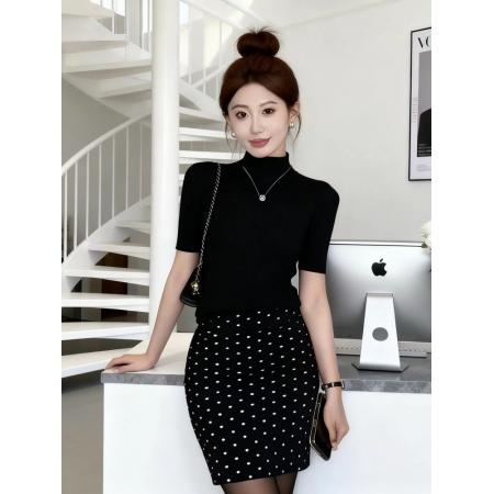 BY10438# 茶系穿搭一整套装气质显瘦修身短袖上衣女夏季波点半身裙两件套潮 服裝批發女裝批發服飾貨源