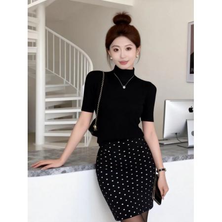 BY10438# 茶系穿搭一整套装气质显瘦修身短袖上衣女夏季波点半身裙两件套潮 服裝批發女裝批發服飾貨源