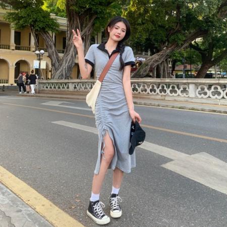 BY10440# 法式polo领开叉连衣裙女新款夏季设计感小众裙子a字中长裙 服裝批發女裝批發服飾貨源