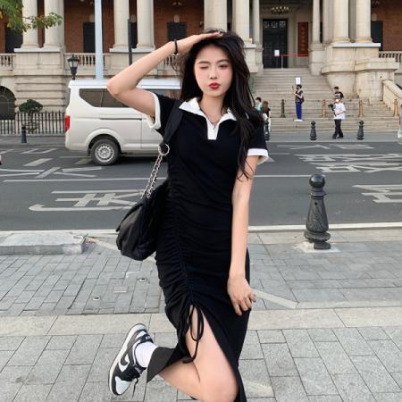 BY10440# 法式polo领开叉连衣裙女新款夏季设计感小众裙子a字中长裙 服裝批發女裝批發服飾貨源