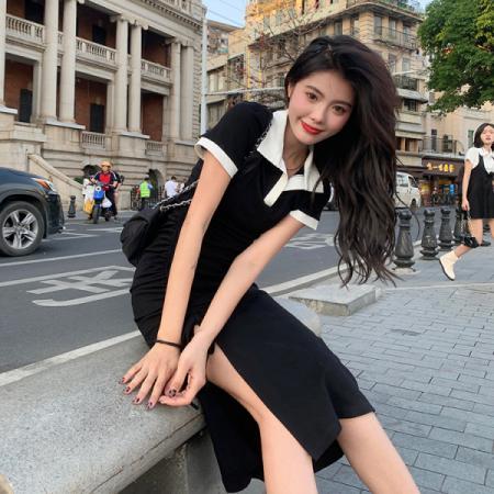 BY10440# 法式polo领开叉连衣裙女新款夏季设计感小众裙子a字中长裙 服裝批發女裝批發服飾貨源