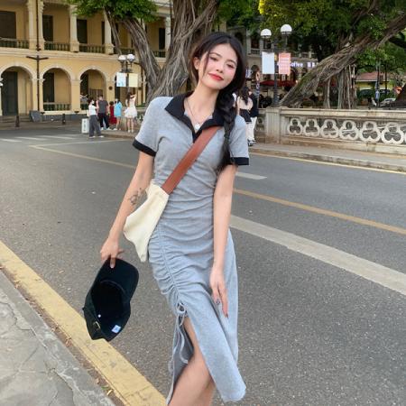 BY10440# 法式polo领开叉连衣裙女新款夏季设计感小众裙子a字中长裙 服裝批發女裝批發服飾貨源