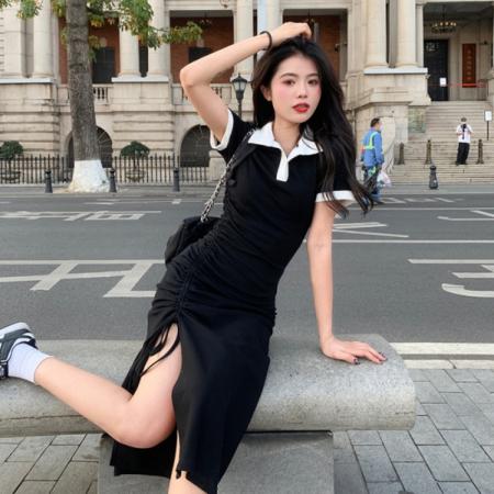 BY10440# 法式polo领开叉连衣裙女新款夏季设计感小众裙子a字中长裙 服裝批發女裝批發服飾貨源