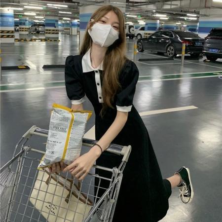 BY10441# 夏季新款韩版收腰显瘦蝴蝶结气质方领A字泡泡短袖连衣裙女装 服裝批發女裝批發服飾貨源