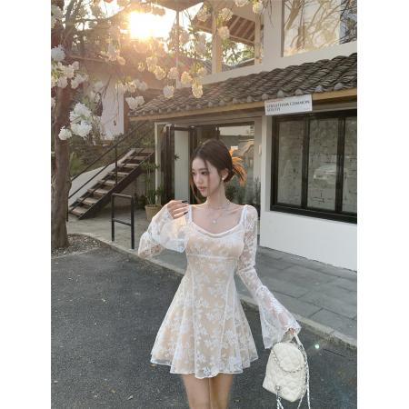 BY10444# 纯欲性感蕾丝方领连衣裙女气质收腰显瘦A字短裙 服裝批發女裝批發服飾貨源