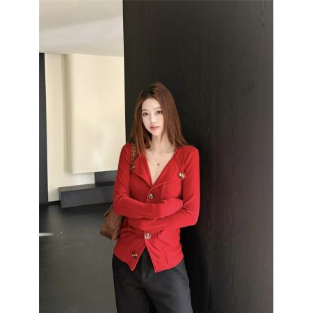 BY10445# 韩系纽扣针织开衫女新年设计感修身打底衫上衣 服裝批發女裝批發服飾貨源