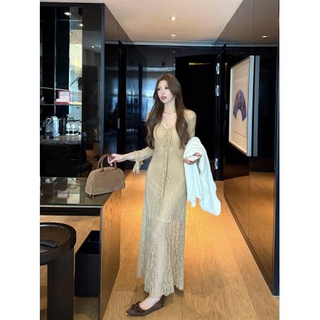 BY10446# 法式V领长袖连衣裙女秋季纯欲千金风气质修身长裙 服裝批發女裝批發服飾貨源