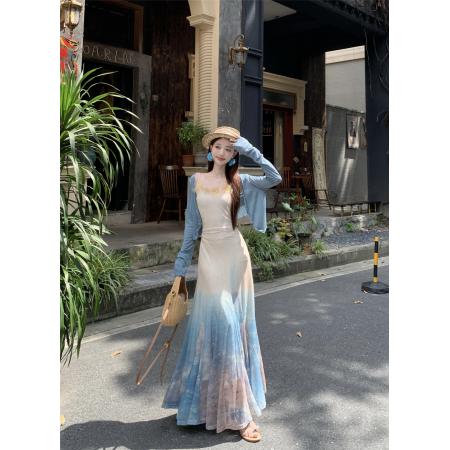 BY10447# 度假风吊带连衣裙女夏季气质纯欲显瘦鱼尾插片裙 服裝批發女裝批發服飾貨源