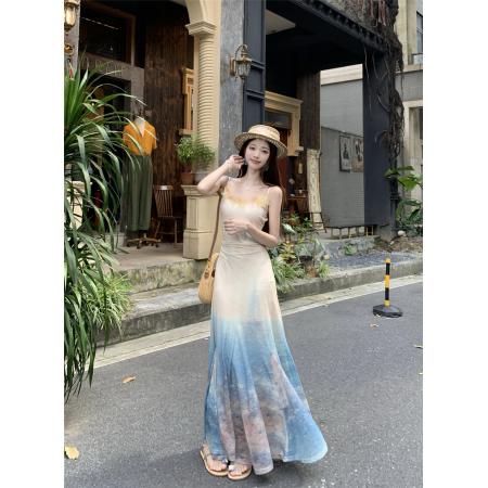 BY10447# 度假风吊带连衣裙女夏季气质纯欲显瘦鱼尾插片裙 服裝批發女裝批發服飾貨源