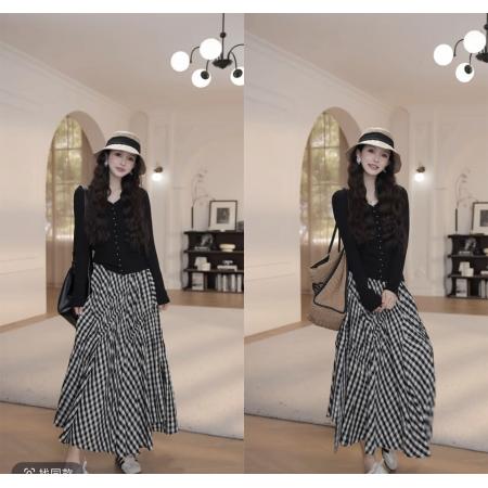 BY10448# YANYAN春季百搭V领坑条针织毛衣长袖上衣YY-9519➕格子裙 服裝批發女裝批發服飾貨源