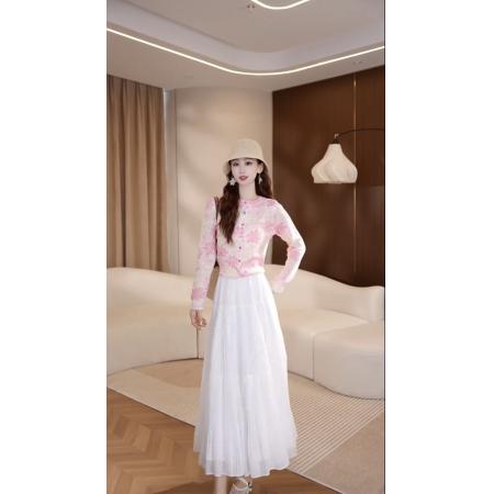 BY10449# 春季新款撞色花朵针织开衫设计感气质上衣➕裙子 服裝批發女裝批發服飾貨源