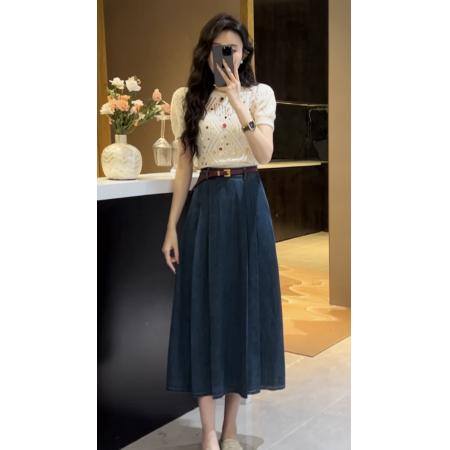 BY10450# 重工镂空上衣➕牛仔半身裙配腰带 服裝批發女裝批發服飾貨源