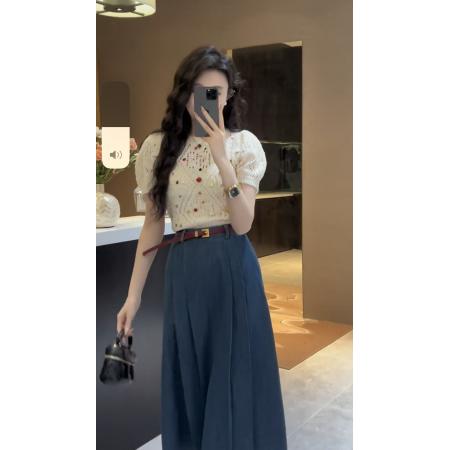 BY10450# 重工镂空上衣➕牛仔半身裙配腰带 服裝批發女裝批發服飾貨源