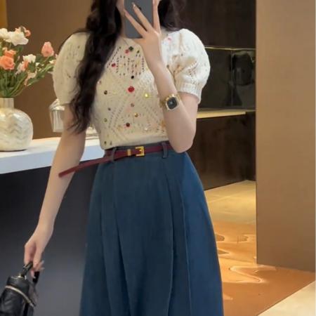BY10450# 重工镂空上衣➕牛仔半身裙配腰带 服裝批發女裝批發服飾貨源