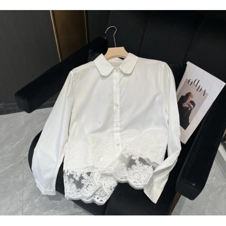 BY10451# 小桃心春款薄的领下摆镂空拼接蕾丝勾花工艺衬衫 服裝批發女裝批發服飾貨源