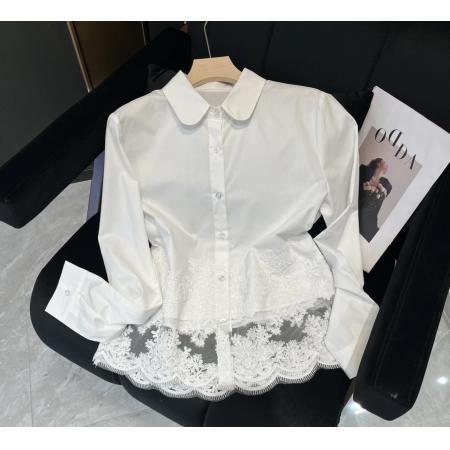 BY10451# 小桃心春款薄的领下摆镂空拼接蕾丝勾花工艺衬衫 服裝批發女裝批發服飾貨源