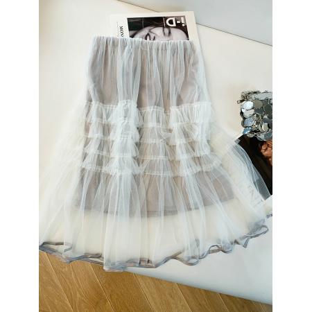 BY10453# 层次感网纱木耳拼接半身裙女春夏新款韩版气质蓬蓬蛋糕裙中裙 服裝批發女裝批發服飾貨源