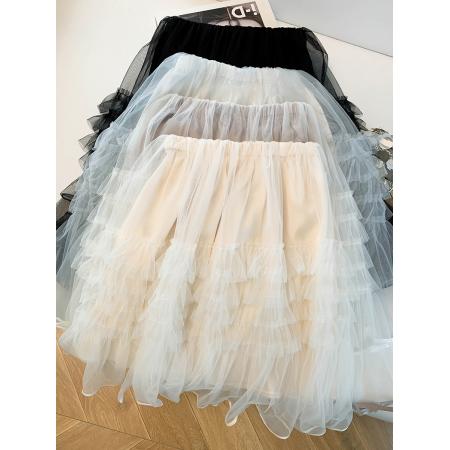 BY10453# 层次感网纱木耳拼接半身裙女春夏新款韩版气质蓬蓬蛋糕裙中裙 服裝批發女裝批發服飾貨源