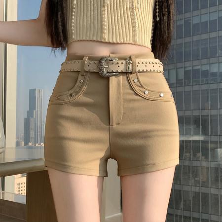 BY10455# 铆钉休闲短裤女春夏美式热辣妹高腰修身直筒裤子紧身热裤外穿 服裝批發女裝批發服飾貨源