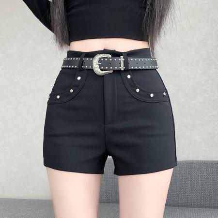 BY10455# 铆钉休闲短裤女春夏美式热辣妹高腰修身直筒裤子紧身热裤外穿 服裝批發女裝批發服飾貨源